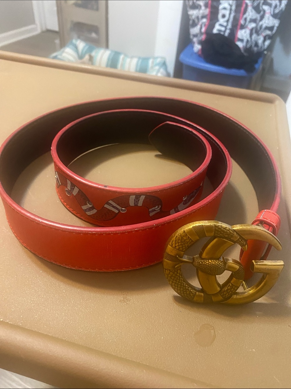Gucci Red Leather Belt with Gold Double-G Snake Buckle